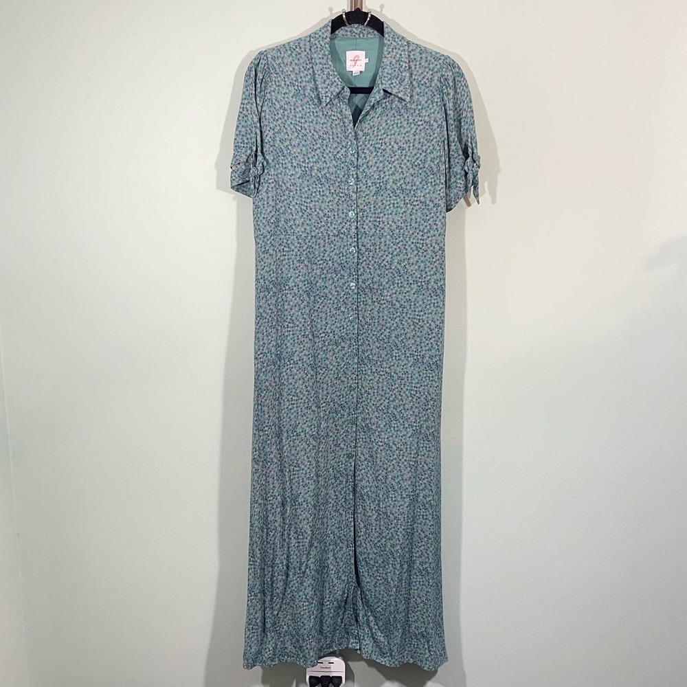 The Nines by Hatch Maternity Teal Mini Floral Button Up Midi Shirt Dress Size L
